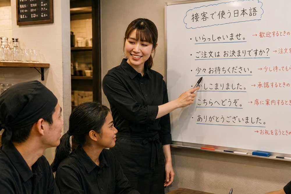飲食店で使う日本語をレクチャーしているイメージ